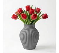 Decorative Oval Shape Vase with Vertical Striped Texture, Minimal Functional Design for Plants, Cactus, Bonsai, Ideal for Home/Study/Office Furniture, Centerpiece (Grey)