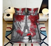 Decorative Paris Eiffel Tower Fitted Sheet, 3D Printed, Microfiber, soft touch, red grey, apartment bedding, easy care, bedroom décor 90x200x25cm
