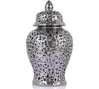 Decorative Perforated Ginger Jar Vase With Lid - Elegant Ceramic Centerpiece For Home, Living Room, Dining Room, Office, Entryway, Perfect For Flowers And Stylish Decor Silver 40cm