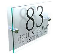 DECORATIVE PERSONALISED WALL PLAQUES DOOR NUMBERS STREET GLASS EFFECT ACRYLIC ALUMINIUM NAME - Black & Silver