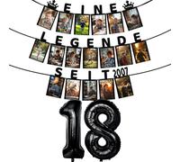 Decorative Photo Garland 18th Birthday Boy/Girl - A Legend Since 2007-18 Glitter Cards Can Insert 6 Inch Photos from 1 to 18 Years, Balloons with 18 Years Old Numbers Party Decoration (Black)