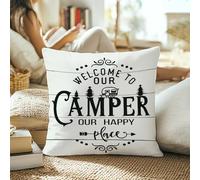Decorative Pillowcase for Camping, 18x18 Inches, with "Welcome to Our Camper Our Happy Place" Inscription, Camper and Camping Decoration