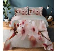 Decorative Pink White Printed Comforter - Watercolor Cherry Blossoms Close-Up Patterned All-Season Down Alternative Duvet Insert - Luxury Soft Quilted Bedding Reversible Design - Single 135×200 cm