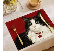 Decorative Placemat 100% Cotton Linen Luxury Funny cartoon animals Table Place Mats Washable Kitchen Dining Restaurant pet cat Set of 4 (18x12in) - Dark red (45cm X 30cm)