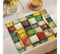 Decorative Placemat Cotton Linen Luxury patchwork abstract color blocks Table Place Mats Washable Kitchen Dining Restaurant Distressed checkered color blocks Set of 4 - bright red (45cm X 30cm)