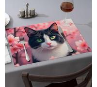 Decorative Plates A Black And White Cat With Green Eyes Is Surrounded By Pink Flowers Dining Place Mats Spring Placemats Comedor(1PCS)