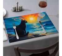 Decorative Plates A Black Cat Sits On Rocks, Gazing At A Vibrant Sunset Over The Ocean. Dining Place Mats Heat Resistant Mats For Countertop Table Cloth(1PCS)