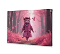 Decorative Plates A Whimsical Pink Cat In A Trench Coat Walks Through A Dreamy Canvas Decorative Picture Living Room Decor Easter Decor(30x40cm)