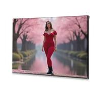 Decorative Plates A Woman In A Red Dress Stands By A Cherry Blossom-Lined Path. Canvas Decorative Picture Wall Decor Wall Art(40x60cm)