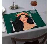 Decorative Plates A Woman with Long Black Hair Adorned with A Floral Crown Dining Place Mats Easter Placemats Premium Kitchen & Dining(4PCS)