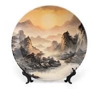 Decorative Plates, Ancient Chinese Architecture & Mountain Landscape Ink Painting Ceramic Dinner Plate Home Wobble-Plate w/ Display Stand, Wall Hanging Decor for Dining Room Kitchen Household 15 CM