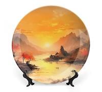 Decorative Plates, Ancient Chinese Mountain & Ships Landscape Painting Display Plate for Home Office Kitchen Table Decor Porcelain Plates 20 CM, Birthday Gifts