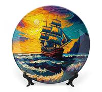 Decorative Plates for Home Decor, Nautical Ship Sailboat Painting Decorative Ornament for Table Display, Ceramic Plate W/Stand, Living Room Dining Room Decoration, Housewarming Gifts, 18 CM