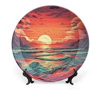 Decorative Plates for Home Decor, Retro Sunset Painting Decorative Dish for Table Display, Dinner Plate W/Stand, Living Room Dining Room Decoration, Housewarming Gifts, 20 CM
