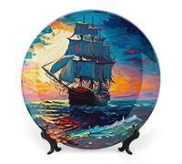 Decorative Plates for Home Decor, Sailing Ship Blue Sea at Night Painting Decor Tray for Table Display, Ceramic Dinner Plate w/Stand, Living Room Dining Room Decor, Housewarming Gifts, 20 CM