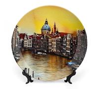 Decorative Plates for Home Decor, Summer Grand Canal of Venice, Italy Watercolor Painting Decor Tray for Table Display, Ceramic Dinner Plate w/Stand, Kitchen Decor, Housewarming Gifts, 15 CM