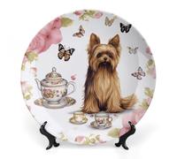 Decorative Plates for Wall Hanging 8inch Large Porcelain Bone China Plate with Display Stand Personalized Ceramic Yorkshire Terrier Tea Party Butterflies Roses Art Dish for Office Corridor Wedding Par