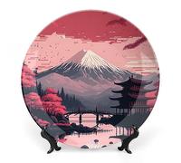 Decorative Plates for Wall Hanging, Japan Snow Mountain And Red Trees Vintage Painting Ceramic Plate, Wobble-Plate with Display Stand, Home Decor for Kitchen Cabinets, Farmhouse Round Tray 15 CM
