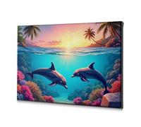 Decorative Plates Two Dolphins Swimming In Colorful Coral Reefs With Palm Trees On The Shore. Canvas Decorative Picture Farmhouse Decor Wall Decorations(20x30cm)