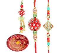 Decorative Pooja Thali Plate Platter Bhai Bhabhi Rakhi Lumba Set Bracelet Dora Pack of 3 Family Set Stainless Steel Puja Thali with Rakhi Card Thread for Brother Sister Raksha Bandhan(Plate Size:-8")