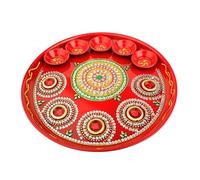 Decorative Pooja Thali with Bowls Plate Platter Decorative Steel Puja Thali with Indian Traditional Essential Pooja Articles for Aarti Rituals Festival Wedding Diwali Decorations (Size- 10")(Red)