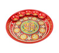 Decorative Pooja Thali with Bowls Swastic Design Plate Platter Steel Puja Thali Essential Pooja Articles for Aarti Rituals traditional Karwachauth Pooja Festival Wedding Decorations (Size- 10")(Red)