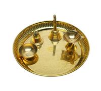 Decorative Pooja Thali with Flower Design Thali Set of 5 Pcs Brass Pooja 1 Plate with 1 Bowl 1 Diya 1 Bell and 1 Incense Stand for Traditional New year Temple Home Bhog Thali Set (Thali Size:-7")