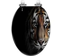 Decorative Portrait Tiger Elongated Toilet Seat - Black Resin, Quiet Close, Quick Release Hinges, Easy Clean & Install, Bumper Cover