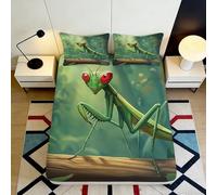 Decorative Praying Mantis Fitted Sheet 3D Printed Microfiber Soft Touch Bed Cover for Bedroom Guest Room Bedding, Easy Care, Anti-Slip, Green 90x200x25cm