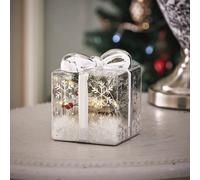 Decorative Present Led Decoration - Clear Festive Christmas Light Up Gift Box Ornament With Silver Ribbon & Bow - 10 X 12 X 12Cm