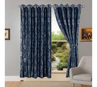 Decorative Printed Blackout Curtains Triple Wave 2 Panel Set with 4 Matching Cushion Covers - Luxury Soft Polyester Thermal Insulated Curtains for Living Room & Bedroom (Navy, 90x90 Inch)