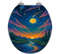 Decorative Resin Round Toilet Seat Colorful Night Sky with Full Moon Stars Vibrant Clouds River Mountains Quiet Close Quick Release Hinges Easy to Install Clean