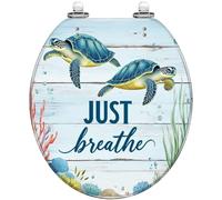 Decorative Resin Round Toilet Seat Nautical Sea Turtle Ocean Just Breathe Beach Modern Artwork with Quick Release Hinges Cover Easy to Install Clean Bathroom Home Decor