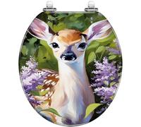 Decorative Resin Round Toilet Seat Quiet Close Quick Release Hinges Cover Bumpers Easy Install Clean Fawn Lilac Flowers Green Forest Design