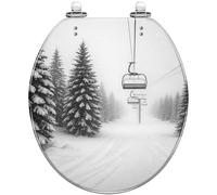 Decorative Resin Round Toilet Seat Ski Snowy Mountain Forest Ocean Lake Quiet Close Quick Release Hinges with Soft Bumpers Easy to Install Clean