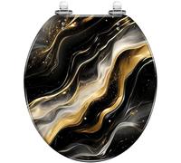 Decorative Resin Round Toilet Seat with Abstract Gold Black Marble Metallic Swirls Flow, Quiet Close Quick Release Hinges, Easy to Clean & Install