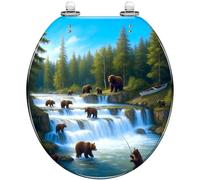 Decorative Resin Toilet Seat Alaska Katmai National Park Brown Bears Falls Quiet Close Quick Release Hinges Cover Bumpers Easy to Install Clean