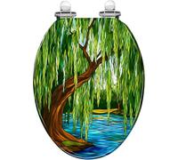 Decorative Resin Toilet Seat Green Blue Tones Willow Tree Water Stained Glass Style Quiet Close Quick Release Hinges Easy to Clean with Cover Elongated