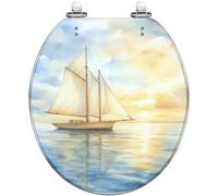 Decorative Resin Toilet Seat Ocean Abstract Sailboat Sunset Calm Water Reflection Round Quiet Close Quick Release Hinges Easy to Install Clean Bumpers Cover