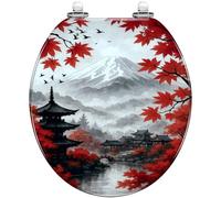 Decorative Resin Toilet Seat with Quick Release Hinges Quiet Close Cover Bumpers Round Red Japanese Temple Fall Maple Mount Landscape Easy to Install Clean