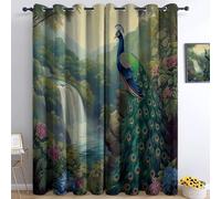 Decorative Ring Top Curtains W 46" x L 72" (2 Panels), Nature Animal Peacock Design, Thermal Window Drapes for Guest Bed and Study, Green