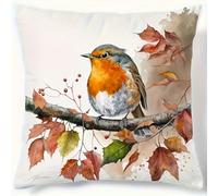 Decorative Robin Bird Throw Cushion Cover, 45 x 45 cm, Watercolour Design Insert Not Included - Cover Only Autumn Decor
