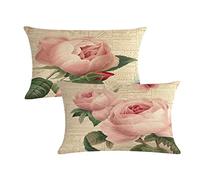 Decorative Romantic Rose Flower Pillow Cover Vintage Shabby Chic Peach Pink Rose Floral Rectangular/Waist Cushion Cover Cotton Linen Pillowcase for Sofa Bedroom Car 12x20 Inch Set of 2 (12”×20”)