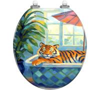 Decorative Round Resin Tiger Toilet Seat Quiet Close Quick Release Hinges Cover Bumpers Easy Install Clean Funky Pink Eclectic Bathtub Lying