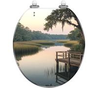 Decorative Round Resin Toilet Seat: Calm Lake Sunset Wooden Dock Nature Scene, Quietly Close Quick Release Hinges, Easy Clean Install, Cover Bumpers