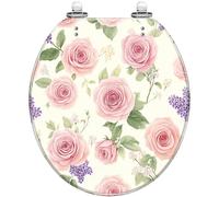 Decorative Round Resin Toilet Seat, Floral Pink Roses Lavender Blossoms Green Leaves Purple Pattern, with Quiet Close Quick Release Hinges, Cover, Easy to Clean & Install