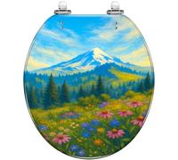 Decorative Round Resin Toilet Seat Mount Rainier Summer Wildflowers Quiet Close Quick Release Hinges with Cover Bumpers Easy to Install Clean