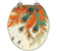 Decorative Round Resin Toilet Seat Orange Peacock Feather Teal Blues Quietly Close Quick Release Hinges Easy to Clean with Cover