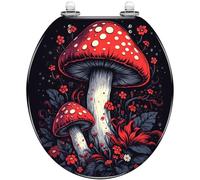 Decorative Round Resin Toilet Seat Red White Spotted Mushrooms Vibrant Floral Accents Quiet Close Quick Release Hinges Cover Bumpers Easy Install Clean
