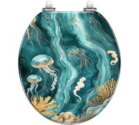 Decorative Round Resin Toilet Seat with Cover Magical Ocean Scene Teal Ink Texture Glowing Golden Accents Quick Release Hinges Quietly Close Easy to Install